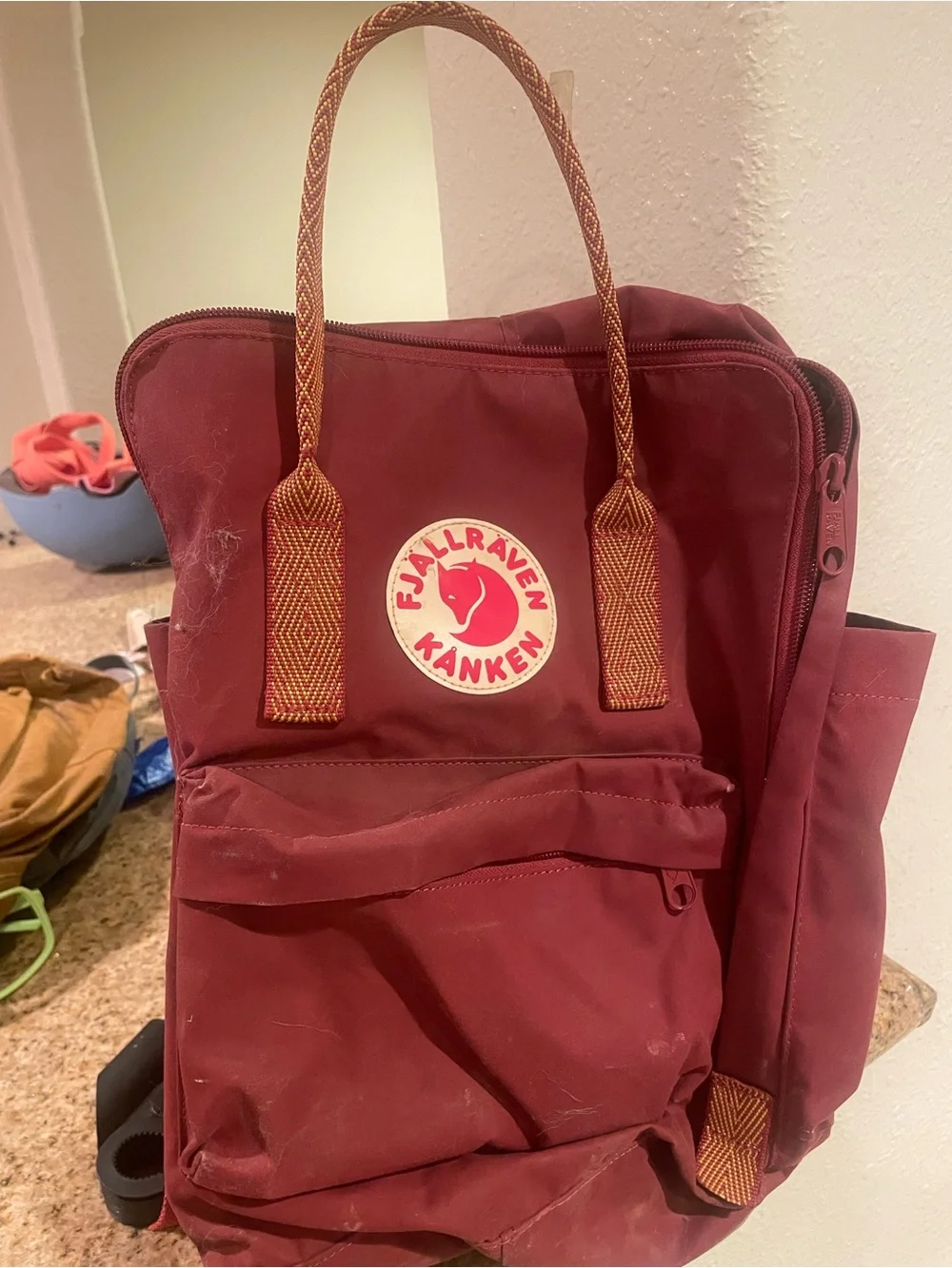 Fjallraven Kanken Backpack in Deep Red with Tan Straps